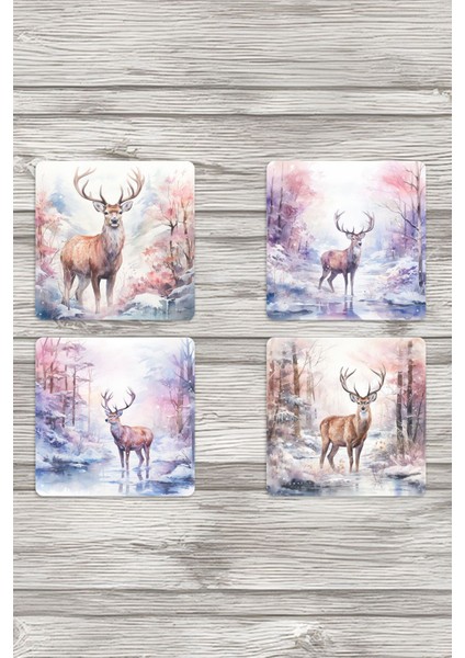 Doğal Yaşam Geyik Temalı No:2 Baskılı 4'lü Set Dekoratif Ahşap Kare Bardak Altlığı