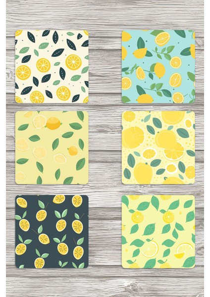 Limon Desenli No:2 Baskılı 6'lı Set Dekoratif Ahşap Kare Bardak Altlığı