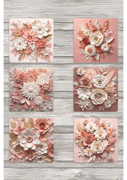 Doğal Çiçekler Temalı No:4 Hediyelik Baskılı 6'lı Set Dekoratif Ahşap Kare Bardak Altlığı