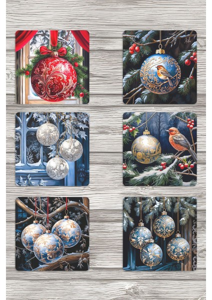 Yılbaşı Süsleri No:4 Baskılı 6'lı Set Dekoratif Ahşap Kare Bardak Altlığı