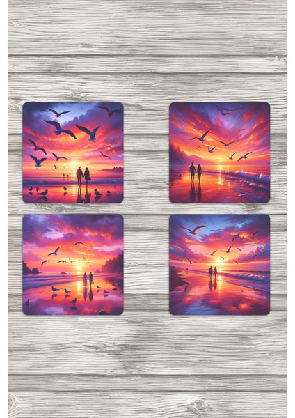 Deniz Günbatımı Sunset Baskılı 4'lü Set Dekoratif Ahşap Kare Bardak Altlığı