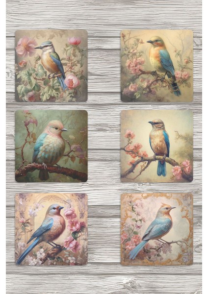 Vintage Kuş Temalı No:3 Baskılı 6'lı Set Dekoratif Ahşap Kare Bardak Altlığı