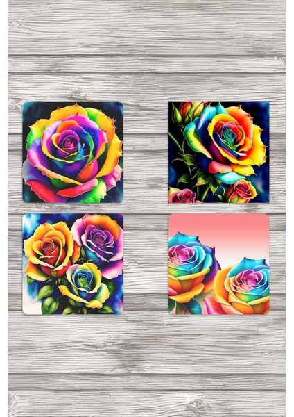 Pop Art Çiçek Baskılı 4'lü Set Dekoratif Ahşap Kare Bardak Altlığı