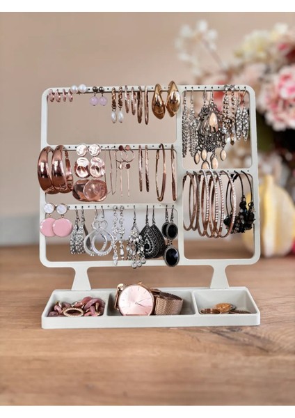 Beyaz Takı Düzenleyici, Çanta ve Stand, Yüzük, Küpe ve Saat Saklama Alanı