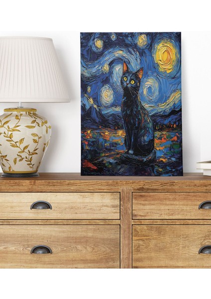 Starry Night Kediler Van Gogh Temalı No:3 Retro Vintage 18X27 Mdf Ahşap Poster Tablo