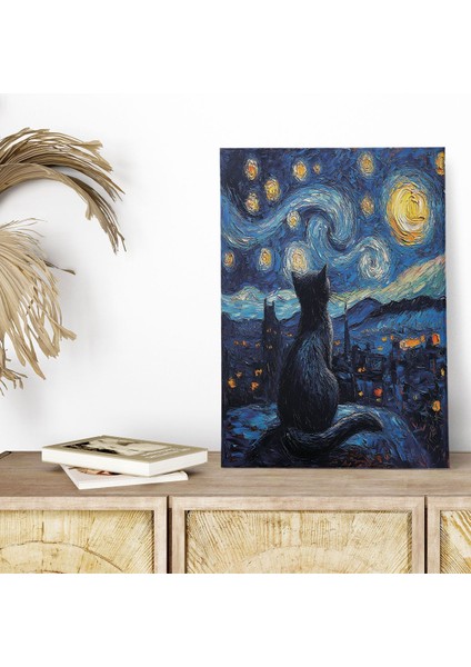 Starry Night Kediler Van Gogh Temalı No:13 Retro Vintage 18X27 Mdf Ahşap Poster Tablo