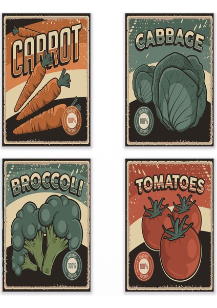 Retro Sebzeler Temalı 4'lü Set Ev Mutfak Dekorasyon Wall Art 18X27 Mdf Ahşap Poster Tablo