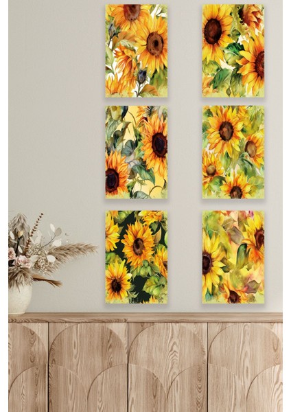 Ayçiçekleri Temalı 6'lı Set Retro Vintage 18X27 Mdf Ahşap Poster Tablo