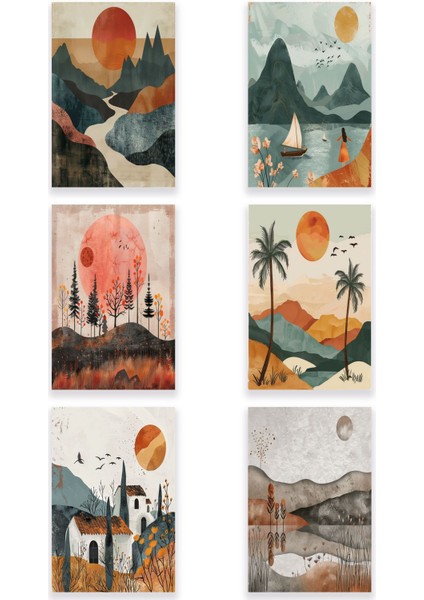 Bohem Doğa Temalı 6'lı Set No:4 Retro Vintage 18X27 Mdf Ahşap Poster Tablo