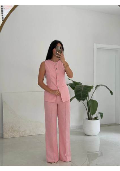 Karma Düğme Keten Yelek Pantolon Takım-Pembe