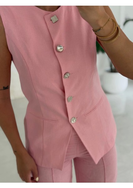 Karma Düğme Keten Yelek Pantolon Takım-Pembe fiyatları