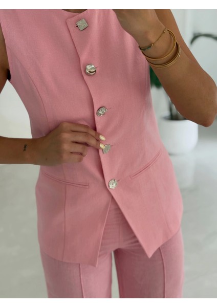 Karma Düğme Keten Yelek Pantolon Takım-Pembe modelleri