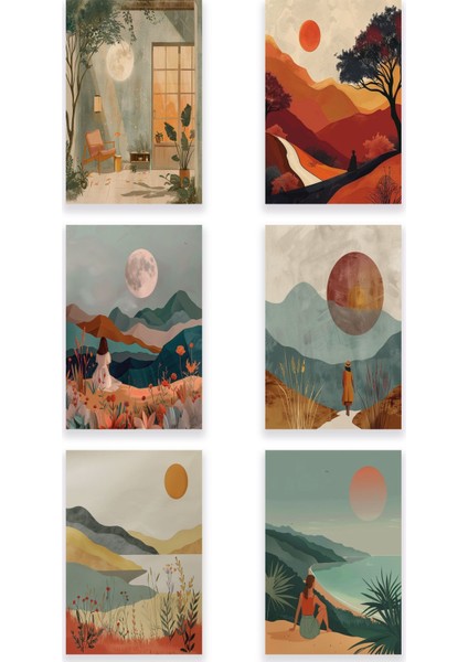 Bohem Doğa Temalı 6'lı Set No:2 Retro Vintage 18X27 Mdf Ahşap Poster Tablo