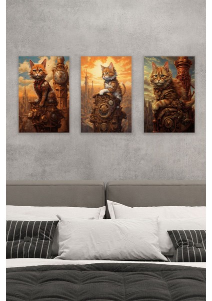 Steampunk Retro Sevimli Kediler Üçlü No:1 18X27 Mdf Ahşap Poster Tablo