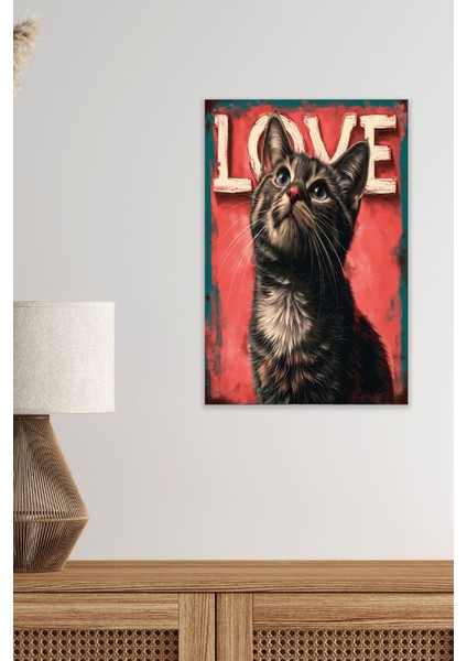 Sevimli Kediler Love No:2 Retro Vintage 18X27 Mdf Ahşap Poster Tablo