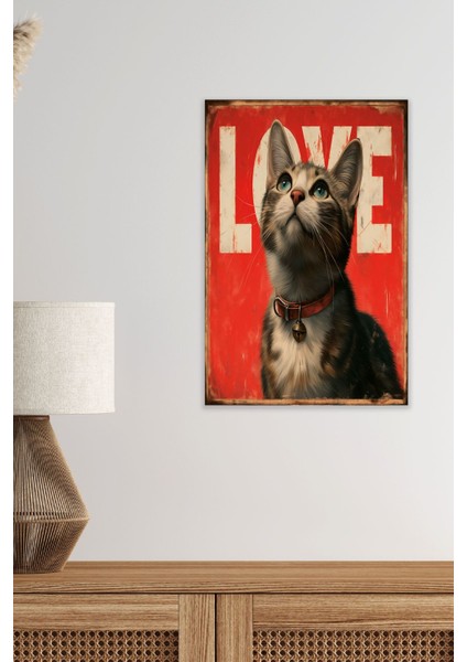 Sevimli Kediler Love No:3 Retro Vintage 18X27 Mdf Ahşap Poster Tablo