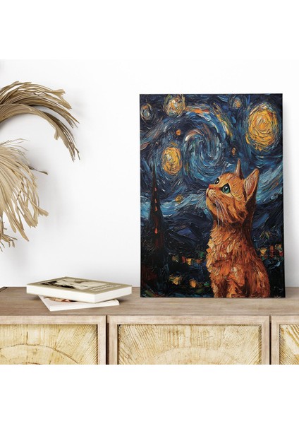 Starry Night Kediler Van Gogh Temalı No:11 Retro Vintage 18X27 Mdf Ahşap Poster Tablo