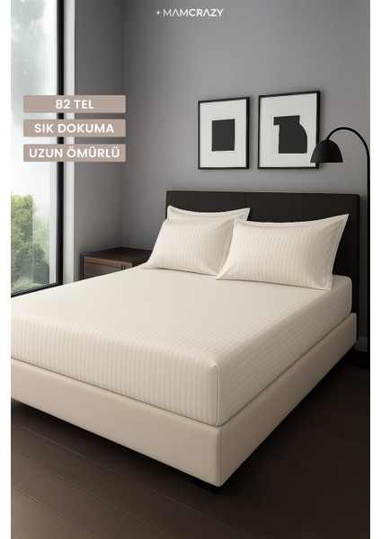 Satin Stripe %100 Pamuk Saten Tek Kişilik Çizgili Lastikli Çarşaf Seti Yastıklı 120X200+30
