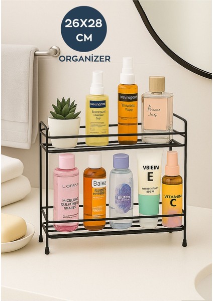 Çok Amaçlı Siyah 2 Katlı Organizer Raf, Banyo ve Mutfak Düzenleyici