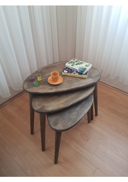 % 100 Doğal Masif Ahşap Karabiber Renk Asimetrik Form Üçlü Zigon Sehpa Takımı