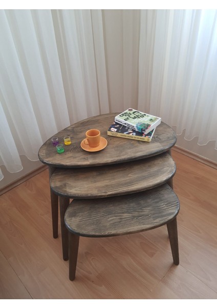 % 100 Doğal Masif Ahşap Karabiber Renk Asimetrik Form Üçlü Zigon Sehpa Takımı modelleri