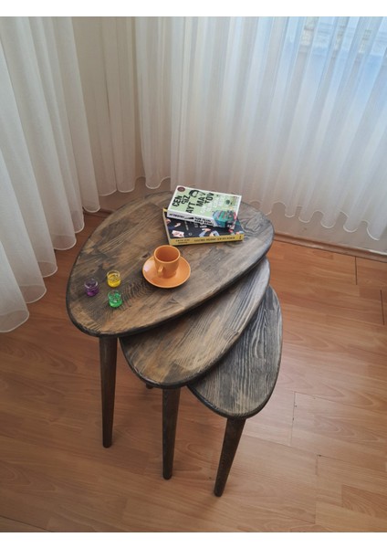 % 100 Doğal Masif Ahşap Karabiber Renk Asimetrik Form Üçlü Zigon Sehpa Takımı fırsatları