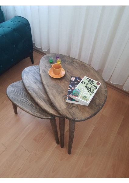 % 100 Doğal Masif Ahşap Karabiber Renk Asimetrik Form Üçlü Zigon Sehpa Takımı indirimleri