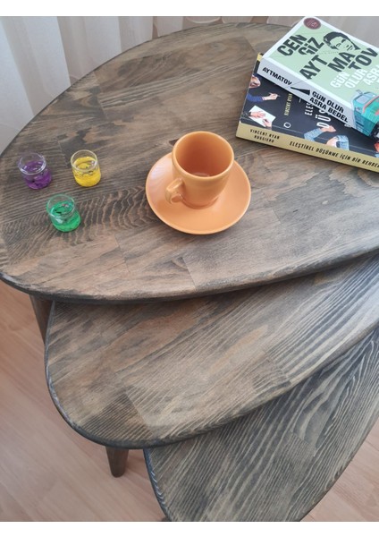 % 100 Doğal Masif Ahşap Karabiber Renk Asimetrik Form Üçlü Zigon Sehpa Takımı