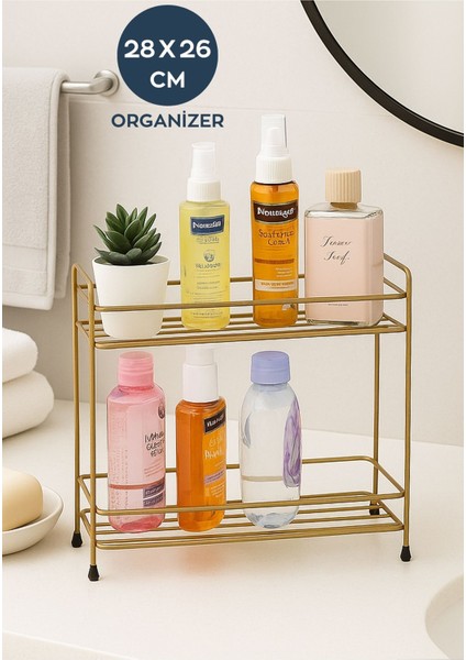 Iki Katlı Eskitme Gold Çok Amaçlı Organizer Raf, Banyo ve Mutfak Düzenleyici