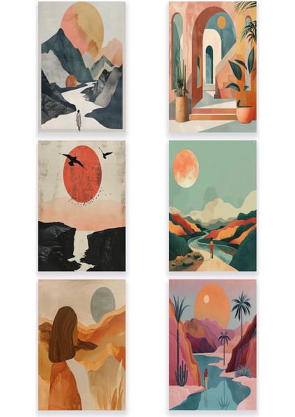 Bohem Doğa Temalı 6'lı Set No:3 Retro Vintage 18X27 Mdf Ahşap Poster Tablo