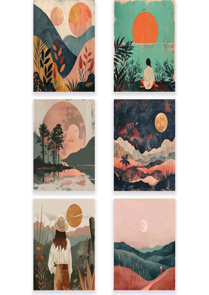 Bohem Doğa Temalı 6'lı Set No:1 Retro Vintage 18X27 Mdf Ahşap Poster Tablo