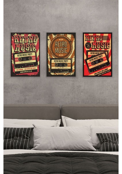 Retro Seksenler Müzik Temalı 3'lü Set Rev Dekorasyon Wall Art 18X27 Mdf Ahşap Poster Tablo