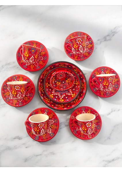 Dekoratif 6 Kişilik Şık Lale Çini Tasarımlı Tamamen El Yapımı Kahve Fincan Seti ve Çerezlik-Sosluk