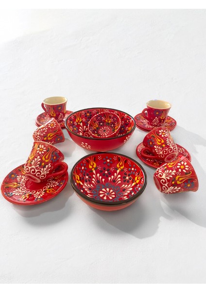 Dekoratif 6 Kişilik Şık Lale Çini Tasarımlı Tamamen El Yapımı Kahve Fincan Seti ve Çerezlik-Sosluk fiyatları
