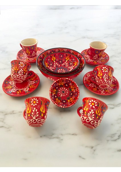 Dekoratif 6 Kişilik Şık Lale Çini Tasarımlı Tamamen El Yapımı Kahve Fincan Seti ve Çerezlik-Sosluk modelleri