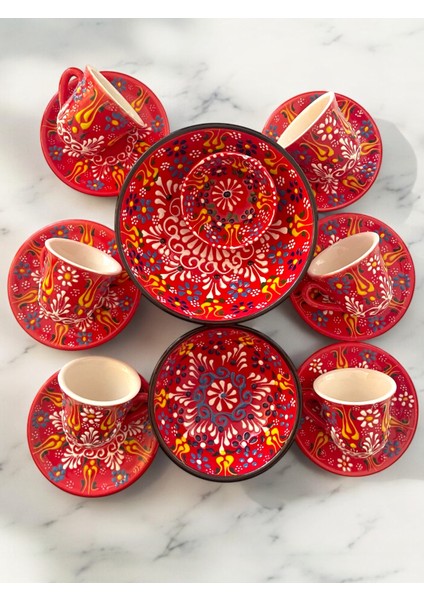Dekoratif 6 Kişilik Şık Lale Çini Tasarımlı Tamamen El Yapımı Kahve Fincan Seti ve Çerezlik-Sosluk fırsatları