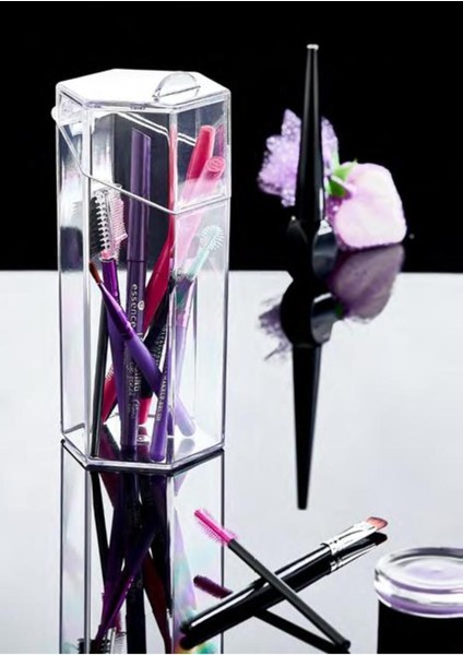 Şeffaf Mini Kapaklı Fırçalık, Makyaj ve Far Fırçası Düzenleyici, Organizer, Beyaz