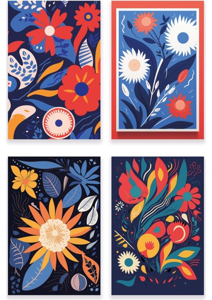 Çiçek Botanik Temalı 4'lü Set No:1 Retro Vintage 18X27 Mdf Ahşap Poster Tablo