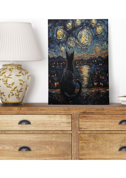 Starry Night Kediler Van Gogh Temalı No:4 Retro Vintage 18X27 Mdf Ahşap Poster Tablo