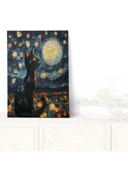 Starry Night Kediler Van Gogh Temalı No:2 Retro Vintage 18X27 Mdf Ahşap Poster Tablo