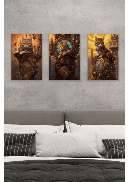 Steampunk Retro Sevimli Kediler Üçlü No:4 18X27 Mdf Ahşap Poster Tablo
