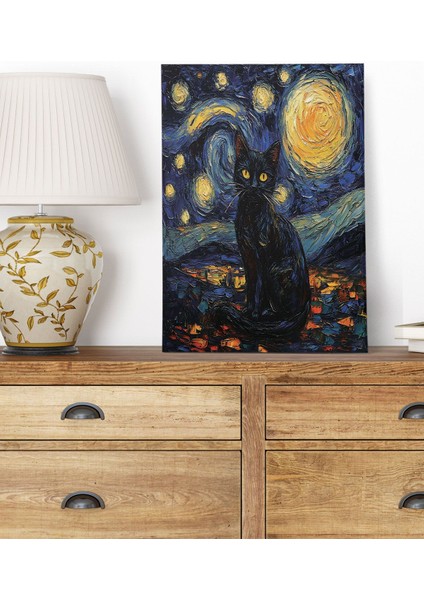 Starry Night Kediler Van Gogh Temalı No:5 Retro Vintage 18X27 Mdf Ahşap Poster Tablo