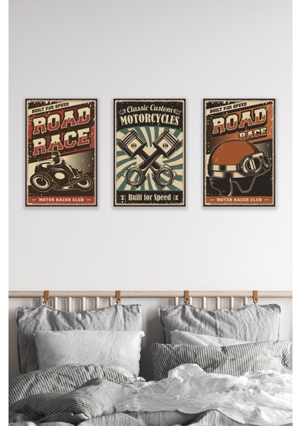 Road Race Retro Motorsiklet Temalı 3'lü Set Ev Dekorasyon Wall Art 18X27 Mdf Ahşap Poster Tablo