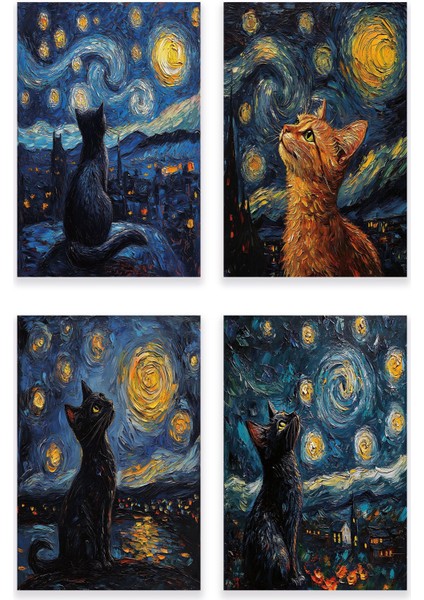 Starry Night Kediler Van Gogh Temalı 4'lü Set No:3 Retro Vintage 18X27 Mdf Ahşap Poster Tablo