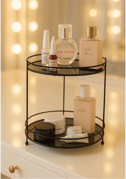 Iki Katlı Siyah Metal Kozmetik Organizer, Pleksi Camlı, Şık ve Kullanışlı Tasarım