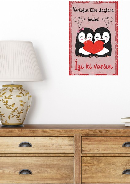 Iyi Ki Varsın Penguen Baskılı Eş, Sevgili, Arkadaşa Hediyelik 18X27 Mdf Mini Ahşap Poster Tablo