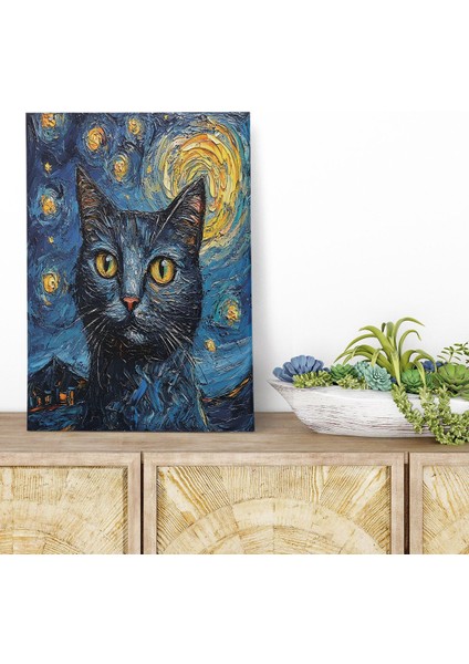 Starry Night Kediler Van Gogh Temalı No:1 Retro Vintage 18X27 Mdf Ahşap Poster Tablo