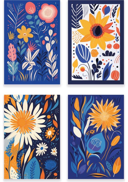 Çiçek Botanik Temalı 4'lü Set No:2 Retro Vintage 18X27 Mdf Ahşap Poster Tablo