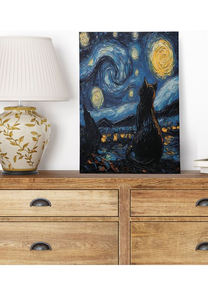 Starry Night Kediler Van Gogh Temalı No:6 Retro Vintage 18X27 Mdf Ahşap Poster Tablo