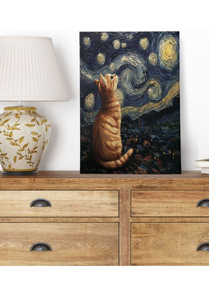 Starry Night Kediler Van Gogh Temalı No:8 Retro Vintage 18X27 Mdf Ahşap Poster Tablo